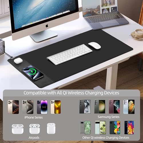 Wireless Charging Mouse Pad, Gaming Desk Mat with 20W Adapter, 31.5"x15.7" | Large XXL Desk Pad, Non-Slip Rubber Base, Ultra-Smooth Surface, Waterproof Computer Keyboard Pad for Home Office, Black - color: Black (Power Adapter)