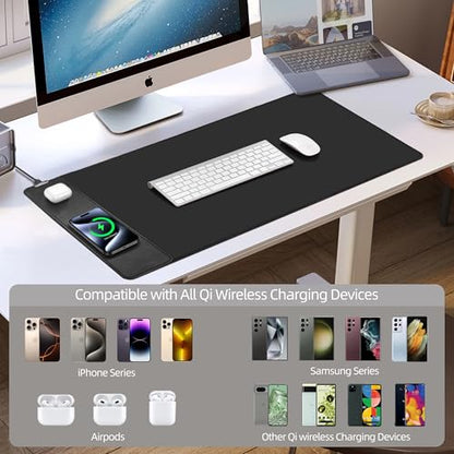 Wireless Charging Mouse Pad, Gaming Desk Mat with 20W Adapter, 31.5"x15.7" | Large XXL Desk Pad, Non-Slip Rubber Base, Ultra-Smooth Surface, Waterproof Computer Keyboard Pad for Home Office, Black - color: Black (Power Adapter)
