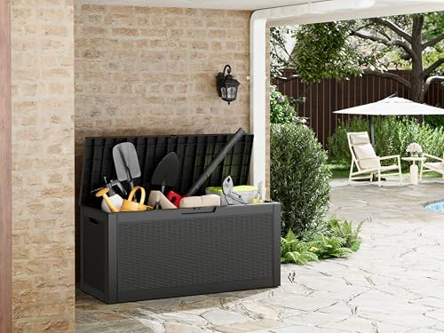 Outdoor Storage Box, Resin Deck Boxes Indoor and outdoor, Waterproof Storage Box Lockable Lid (Black, 70 Gallon) - color: Rattan Black, style: 70 Gallon