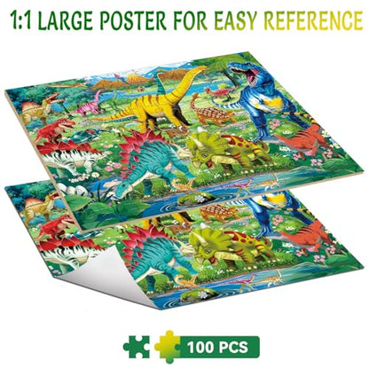 100 Piece Puzzles for Kids Ages 4-6 6-8 8-10, Educational Dinosaur Toys | 100 Piece Dinosaur Learning Educational Jigsaw Puzzles, Kids Puzzles Ages 5-8 Gifts for Girls Boys - Every Piece is Unique - color: Dinosaur World 2