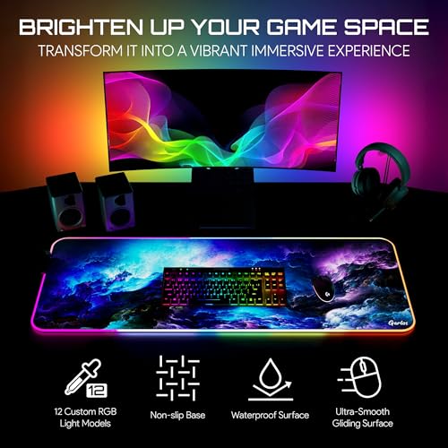 Gerlos RGB Gaming Mouse Pad, Large LED Desk Mat, 31.5 x 11.8 Inch | 12 light modes, non-slip base, water-resistant surface, stitched edges - color: Blue