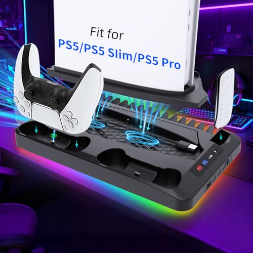 Cooling Station for Ps5/Slim/Pro Disc & Digital Playstation 5 Vertical Stand Organizer with Dual Controller Charger,16 Game Slots,7 Rgb,3 Level Cooler Fan,3 Usb Ports,Headset & Remote Holder (Black) - color: Black