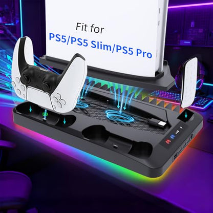 Cooling Station for Ps5/Slim/Pro Disc & Digital Playstation 5 Vertical Stand Organizer with Dual Controller Charger,16 Game Slots,7 Rgb,3 Level Cooler Fan,3 Usb Ports,Headset & Remote Holder (Black) - color: Black