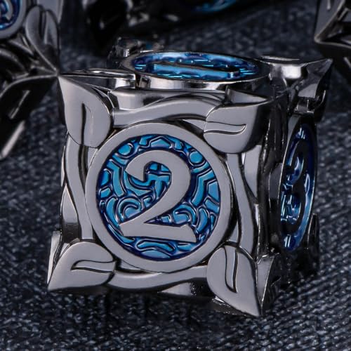 KERWELLSI Metal DND Dice Set D&D, 7Pcs Nature Vines Leaf Role Playing Dice with Gift Box, Black Blue Dungeons Dragons D and D Game Dice D20 D12 D10 D8 D6 D4