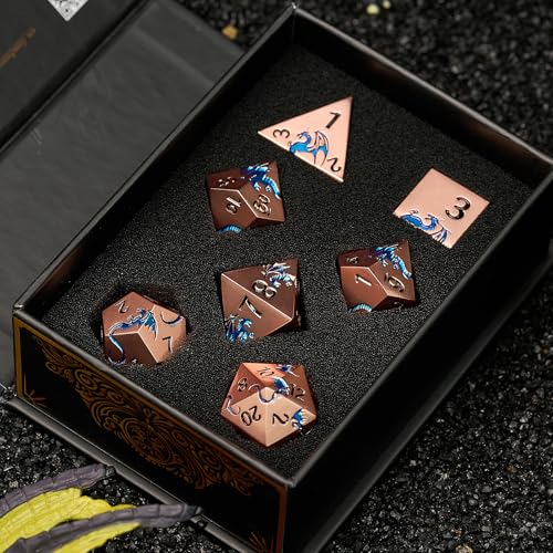 Blue Dragon Theme Metal Dice Set,HNCCESG 7PCS Solid Zinc Alloy Polyhedral Dice with Magnetic Gift Box for RPG Tabletop Game Lovers (Ancient Gold with Blue Dragon) - color: Ancient Gold Blue