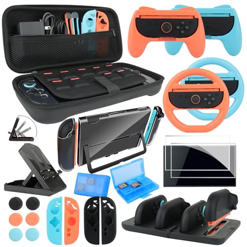 23 in 1 Accessories Family Bundle Game Kit for Nintendo Switch 2 | Accessory Included: Carrying Case, Charging Dock, Screen Protectors, Steering Wheels, Grips for Joycon and More - color: Switch 2 Kit-Orange Blue