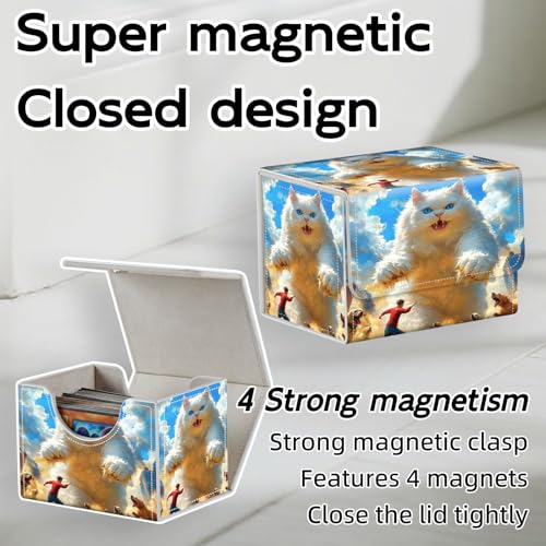 Trading Card Storage Box, Holds 100+ for MTG Cards, Premium PU Leather with Magnetic Closure, Giant White Cat And A Man Durable Deck Box for Magic the Gathering, Trading Card Games - color: Giant White Cat And A Man