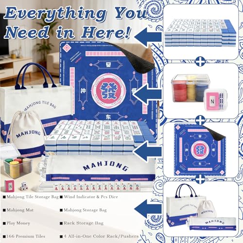 GUJYUYIF166Pcs American Mahjong Tiles Set with Mat, Racks and Accessories - color: Blue
