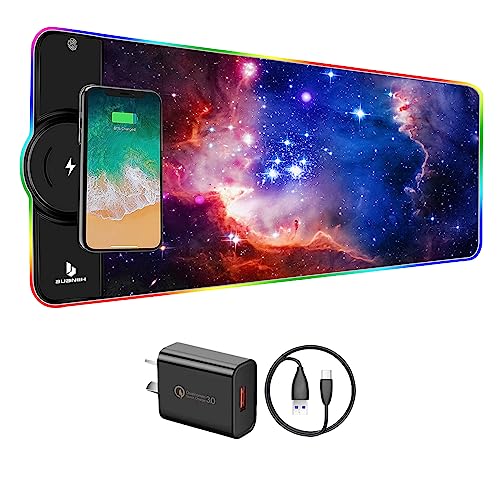 RGB Gaming Mousepad,Wireless Charging Desk Mat,15W Fast Charging | Extened Large Size,with Phone Holder,10 Lighting Modes For Office Mobile Phone Devices,Home & Office,31.5"X11.8"(Galaxy) - color: Galaxy