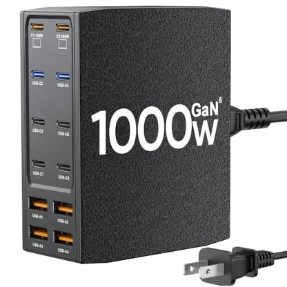 USB Charging Station (1000W),12-Port USB C Charger Block with Dual 100W PD USB-C Fast Charging Station Hub for MacBook Pro/Air/All iPad Phone 17/16 15/14/13/Pro Max/Samsung Galaxy Note (Black) - color: Black
