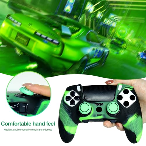Green Black Anti-Slip Controller Skin,Studded Edition Protective Silicone Cover Skin Grips Compatible with PS5 Edge Controller and 6 PCS Thumb Grips Caps. - color: Green Black