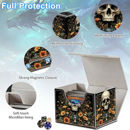 Skull with Flowers Deck Box for MTG Commander | Holds 100+ Double-Sleeved Cards | Strong Magnetic TCG Card Case for Collectible Games - color: Skull with Flowers