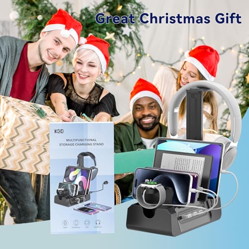 KDD Charging Station with 6 Charging Cables - Fast Charging 6 in 1 Cellphone Charging Dock with Headphone Stand and Watch Holder - 2 AC&USB A&USB C, Storage Station for Smartphone,Tablets, AppleWatch