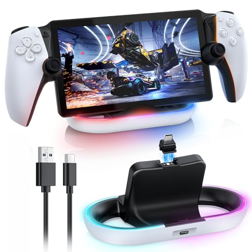 FASTSNAIL Charging Stand for PS Portal Remote, Friendly for Hard/Soft Cover | Charging Dock Station for TPU/EVA/Silicone Case When Charging, Magnetic Connector, Charger Cable, 14 RGB Modes for PS5 Portal - color: Black/White