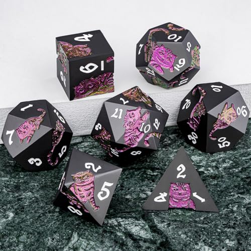 Metal DND Cat Dice 7PCS Polyhedral RPG Dice Set with Gift Case for Dungeons Dragons Role Playing Game, D and D Dice D6 D8 D10 D12 D20 D% (Purplish Red) ﻿ - color: Cat-purple Red&black