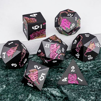 Metal DND Cat Dice 7PCS Polyhedral RPG Dice Set with Gift Case for Dungeons Dragons Role Playing Game, D and D Dice D6 D8 D10 D12 D20 D% (Purplish Red) ﻿ - color: Cat-purple Red&black