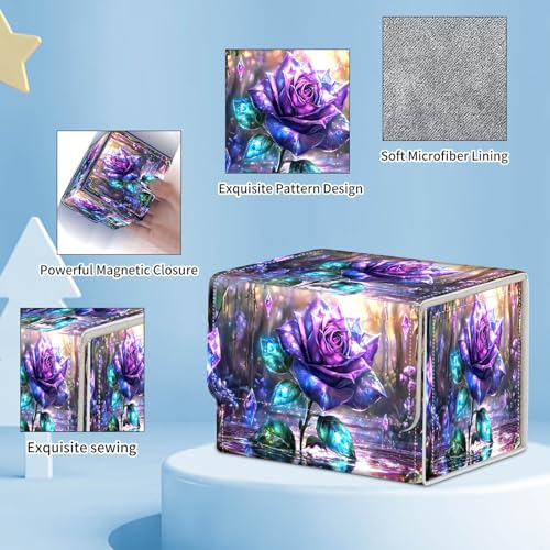 for MTG Commander Deck Box,Card Deck Box for Trading Yugioh MTG,Fits 100 Double Sleeved Cards,PU Leather Strong Magnet Case for Magic Commander TCG CCG,Purple Glitter Flower - color: Purple Glitter Flower