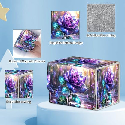 for MTG Commander Deck Box,Card Deck Box for Trading Yugioh MTG,Fits 100 Double Sleeved Cards,PU Leather Strong Magnet Case for Magic Commander TCG CCG,Purple Glitter Flower - color: Purple Glitter Flower