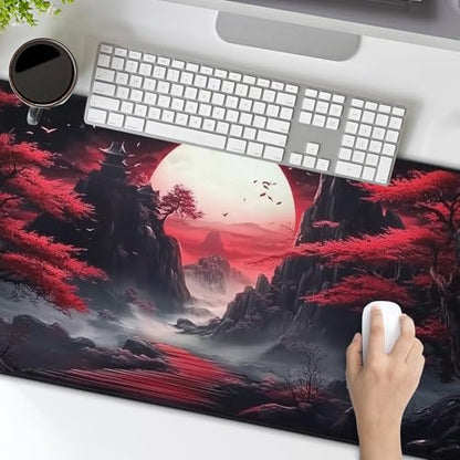 Black Red Japanese Mouse Pad XXL Moon Sakura Cherry BLoosm Tree Extended Table Mat 90X40 cm Non-Slip Rubber Base Stitched Edge Large Mousepad for Gaming Laptop Computer Desk Top 35.4×15.7 Inch - color: Black Red Japanese-a, size: 35.4 x 15.7 inches