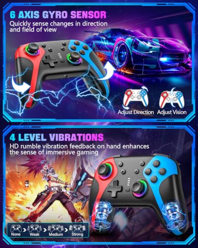 GaloDrmy Wireless Switch Controllers for Nintendo Switch/OLED/Lite/Switch 2 | 1000mAh Rechargeable Switch Pro Controller with 10 Color LED/Motion Control/Wake Up/Turbo/Hall Effect Joysticks, Red & Blue - color: Red & Blue