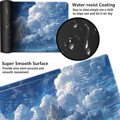 MTG Playmat 24x14 Inch | Optional Game Zone Layout | Non-Slip Rubber Base | Stitched Edges | Includes Free Storage Bag | for TCG, Board Games, and Desk Use(Cloudspire,with Zone) - color: Cloudspire, style: With zone