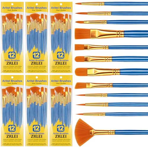 Paint Brushes Set, 6 Pack 72 Pcs Round Pointed Tip Artist Paintbrushes for Acrylic Painting Oil Watercolor Oil Watercolor & Miniature Painting, Suitable for Kids & Adults，Blue - size: 72P