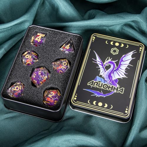 ARUOHHA DND Resin Dice Plum Blossom Liquid Core Purple Sharp Edged Polyhedral Dragons Dice Set with Gift Box, Dungeons D and D Dice Role Playing Game D20 D12 D10 D8 D6 D4 - color: Flower&golden Purple