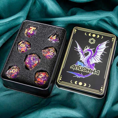 ARUOHHA DND Resin Dice Plum Blossom Liquid Core Purple Sharp Edged Polyhedral Dragons Dice Set with Gift Box, Dungeons D and D Dice Role Playing Game D20 D12 D10 D8 D6 D4 - color: Flower&golden Purple