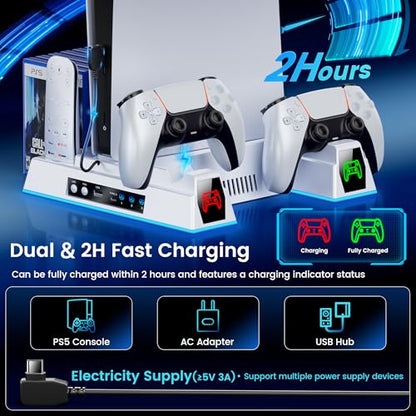 KICKDOT PS5 Cooling Station & Stand with Dual Controller Charger, 3-Level Turbo Fan for PS5/Pro/Slim – Includes Game Storage, RGB Lights | PS5 Accessories - size: M-for PS5/Slim/Pro