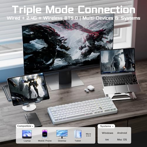LEOBOG HI98C Pro Wireless Mechanical Gaming Keyboard, Tri-Mode Wired/2.4G/BT5.0 Hot Swappable Aluminum Keyboards with Number Pad, RGB Backlit Gasket Mount White Custom Keyboard for PC Gaming & Office - color: White