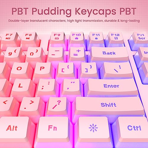 yesbeaut Pink Creamy Keyboard, Rainbow LED Backlit, 104 Keys Silent Light Up Gaming Keyboard with Wrist Rest, PBT Keycap, Anti-ghosting, Waterproof USB Wired Computer Keyboard for PC Mac Xbox - color: pink