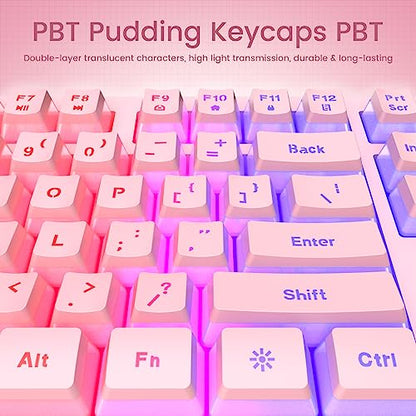 yesbeaut Pink Creamy Keyboard, Rainbow LED Backlit, 104 Keys Silent Light Up Gaming Keyboard with Wrist Rest, PBT Keycap, Anti-ghosting, Waterproof USB Wired Computer Keyboard for PC Mac Xbox - color: pink