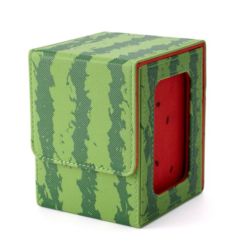 Watermelon Themed Deck Box with Commander Display Window | Holds 120 Single/100 Double-Sleeved Cards, Fit MTG/PTCG/OPTCG Cards, Strong Magnet, PU Leather, With 2 Dividers & 1 Toploader - color: Watermelon