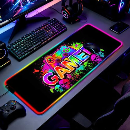 RGB Retro Black Gamer Gaming Desk Mat, Computer Keyboard Large Extended Long LED Mouse Pad for Office and Home, XL (W21) - color: Rgb-w21