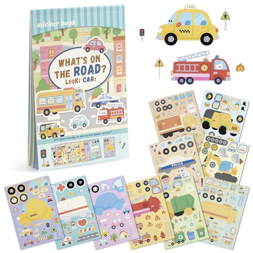 Vehicle Stickers for Toddlers and Kids, 10 Transportation Stickers and a Scene Card, Make Your Own Police Car, Ambulance, Fire Truck Decals, Goodie Bag Stuffers, Boy Toys, Construction Party Favors - style: Car