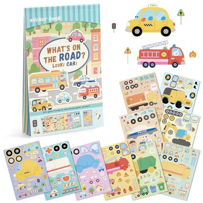 Vehicle Stickers for Toddlers and Kids, 10 Transportation Stickers and a Scene Card, Make Your Own Police Car, Ambulance, Fire Truck Decals, Goodie Bag Stuffers, Boy Toys, Construction Party Favors - style: Car