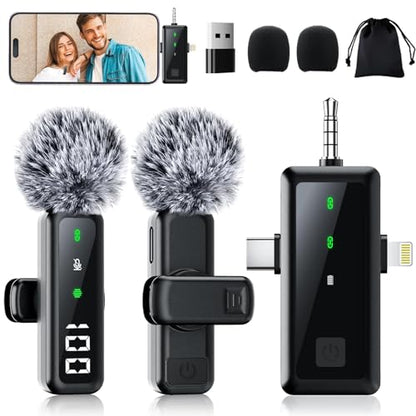 Microphone for iPhone & Android, Wireless Mini Microphone | Battery Display, Clear Voice, Noise Cancelling, 3 in 1 Lavalier Mic for TikTok, YouTube & Interviews, Dual Mic - style: USB-C+Lightning+USB-A+3.5mm Jack