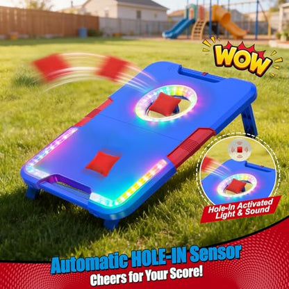 Light-Up Cornhole Board Set, Corn hole Sets with Sound Effects, 2 Foldable Boards & 8 Bean Bags, Portable Outdoor Toss game, Backyard Party Camping Toys Gifts for Kids,Teens,Family,Ages 6-12+