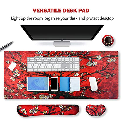 ARTSO Large Gaming Mouse Pad, Keyboard Wrist Rest Pad & Wrist Support Mousepad Set, Stitched Edge, Extended, Non-Slip Base, Memory Foam Desk Mat 4pcs for Office & Home, Red Van Gogh Painting - color: Red Van Gogh Painting