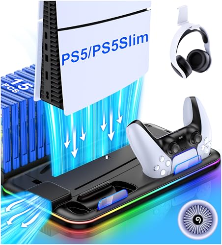 PS5/PS5 Slim Stand and Cooling Station with Controller Charging Station for Playsation 5, PS5 Accessories Kit Incl. 3 Levels Cooling Fan, LED, 15 Game Slot, Headset Holder for PS5 Digital/Disc Console - size: S-for PS5/Slim