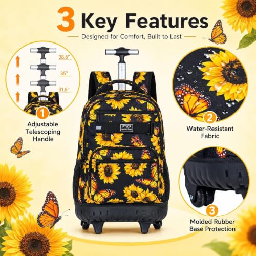 3Pcs Rolling Backpack for Girls Women, Travel Roller Backpacks with Wheels for Adults, Teens College Sunflower Wheeled Bookbag with Lunch Box(Yellow) - color: Sun Flower