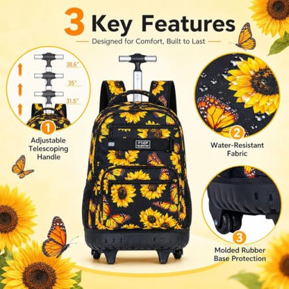 3Pcs Rolling Backpack for Girls Women, Travel Roller Backpacks with Wheels for Adults, Teens College Sunflower Wheeled Bookbag with Lunch Box(Yellow) - color: Sun Flower