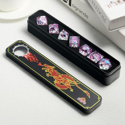 DNDND Blue Dragon Dice with Pink Numbers | Liquid Core 7-Piece Sharp Edge D&D Dice Set | Dragon Themed Collectible Metal Case | RPG Tabletop Gaming Gift - color: Liquid Dragon Ancient