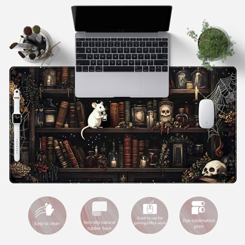 Dark Witchy Desk Mat Gaming Desk Pad Large Mouse Pad, Magician'S Fantasy Bookcase Gothic Mouse Mat XXL Laptop Keyboard Pad, Laptop Keyboard and Mouse Mat Desktop Protector Mat 31.5 X 15.7 in - color: D-black Gothic Bookshelf