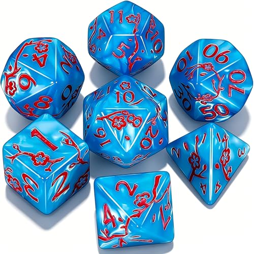 CiaraQ 7pcs Polyhedral Dice Set for Dungeon and Dragons MTG Table Games | Acrylic Role Playing Dice for D&D with Black Velvet Bag – Cyan Blue Pearl with Red Numbers & Plum Blossom Patterns - color: Cyan Blue and Red Floral Dice