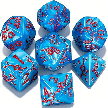 CiaraQ 7pcs Polyhedral Dice Set for Dungeon and Dragons MTG Table Games | Acrylic Role Playing Dice for D&D with Black Velvet Bag – Cyan Blue Pearl with Red Numbers & Plum Blossom Patterns - color: Cyan Blue and Red Floral Dice