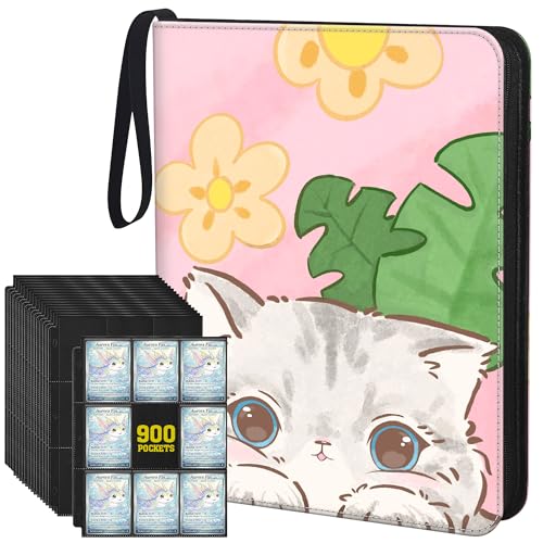 Trading Card Binder for TCG, 900 Pockets, 9-Pocket Top-Loading Pages, 3-Ring Zippered Album, Acid-Free PVC-Free, Fits Standard 2.5" x 3.5", PU Cover with Wrist Strap, Cute Cat Design - color: Cute Cat Garden
