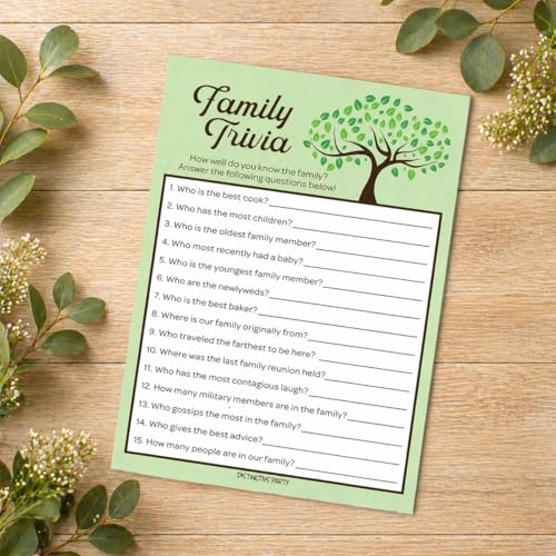 Family Reunion Games Set, 4 Interactive Group Activities, 20 Guests | Family Trivia, Most Likely To, Family Feud & Find the Family Member, 5x7 in Cards