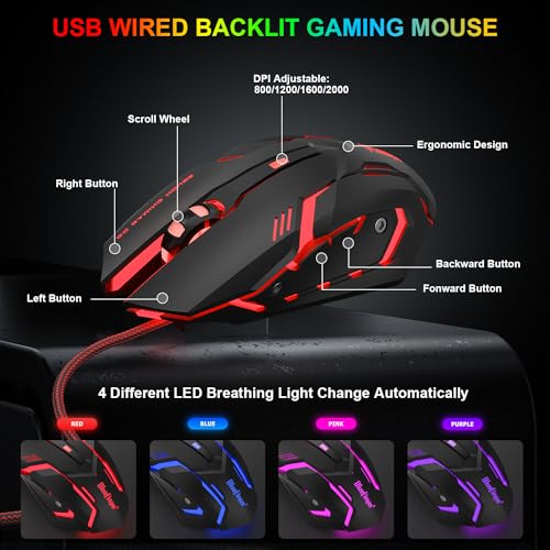 BlueFinger RGB Gaming Keyboard and Backlit Mouse Combo, USB Wired, LED Gaming Set for Laptop PC Computer Game and Work(Gray & Black) - color: Gray & Black