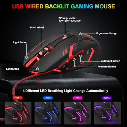 BlueFinger RGB Gaming Keyboard and Backlit Mouse Combo, USB Wired, LED Gaming Set for Laptop PC Computer Game and Work(Gray & Black) - color: Gray & Black